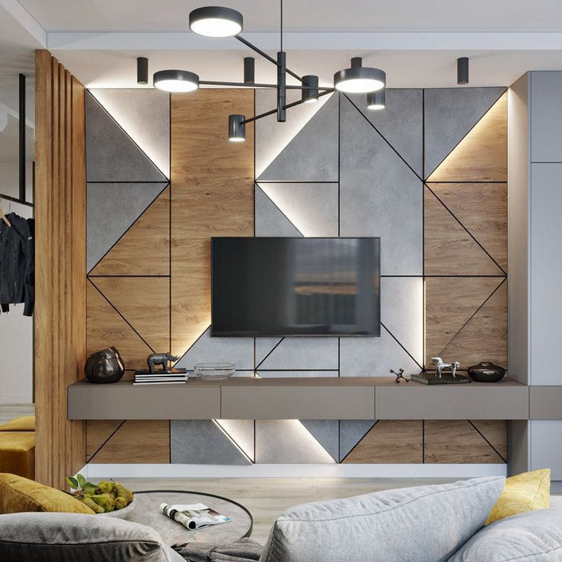 Modern style tv unit and wall panel in living room interiors