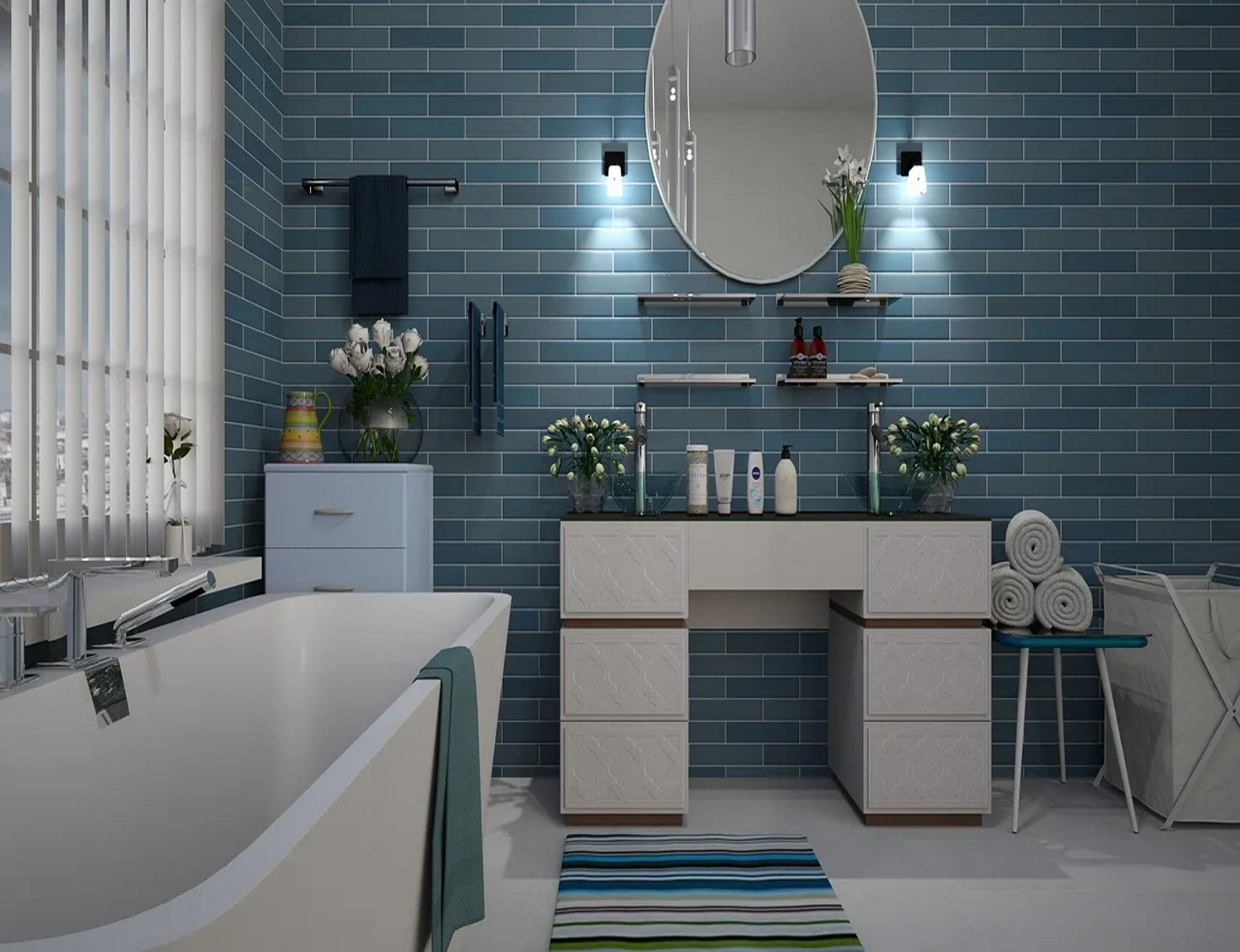 Modern bathroom with aqua color theme