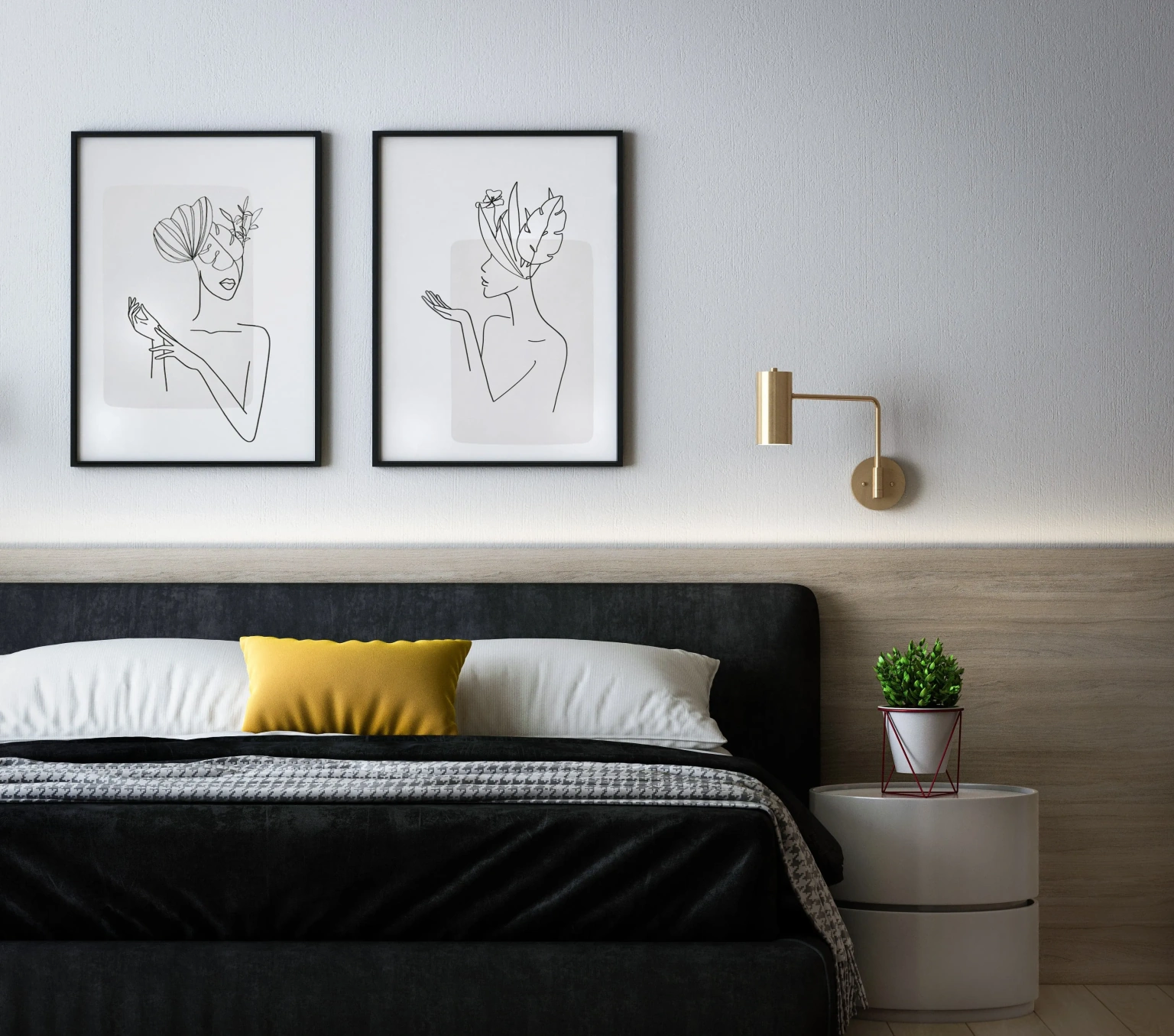 Bedroom interiors with a minimalist drawings on the wall